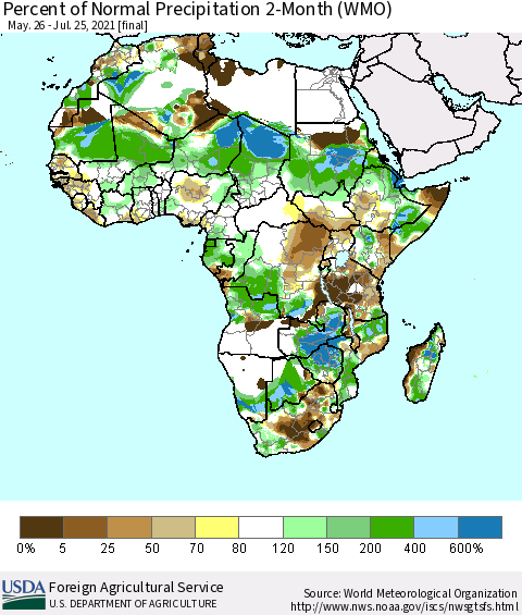 Africa Percent of Normal Precipitation 2-Month (WMO) Thematic Map For 5/26/2021 - 7/25/2021