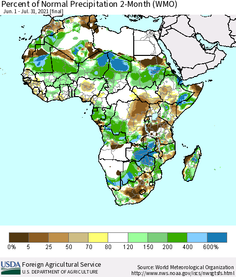 Africa Percent of Normal Precipitation 2-Month (WMO) Thematic Map For 6/1/2021 - 7/31/2021