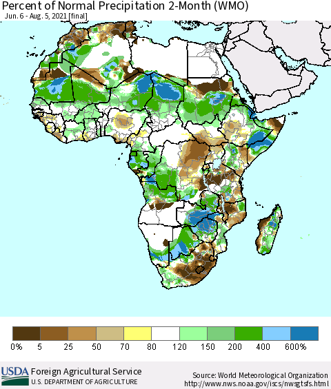 Africa Percent of Normal Precipitation 2-Month (WMO) Thematic Map For 6/6/2021 - 8/5/2021