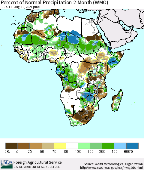 Africa Percent of Normal Precipitation 2-Month (WMO) Thematic Map For 6/11/2021 - 8/10/2021