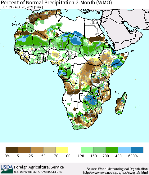 Africa Percent of Normal Precipitation 2-Month (WMO) Thematic Map For 6/21/2021 - 8/20/2021