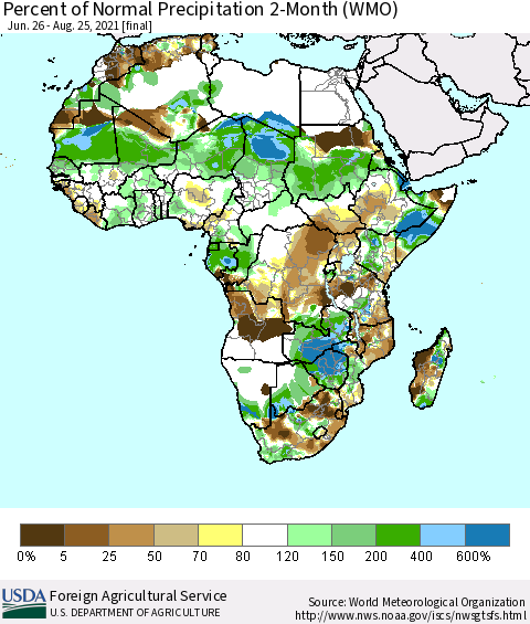Africa Percent of Normal Precipitation 2-Month (WMO) Thematic Map For 6/26/2021 - 8/25/2021