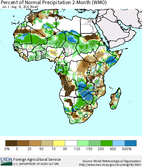 Africa Percent of Normal Precipitation 2-Month (WMO) Thematic Map For 7/1/2021 - 8/31/2021