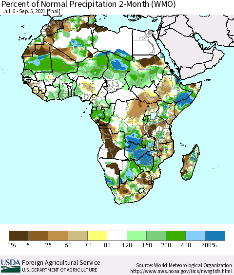 Africa Percent of Normal Precipitation 2-Month (WMO) Thematic Map For 7/6/2021 - 9/5/2021