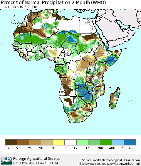 Africa Percent of Normal Precipitation 2-Month (WMO) Thematic Map For 7/11/2021 - 9/10/2021