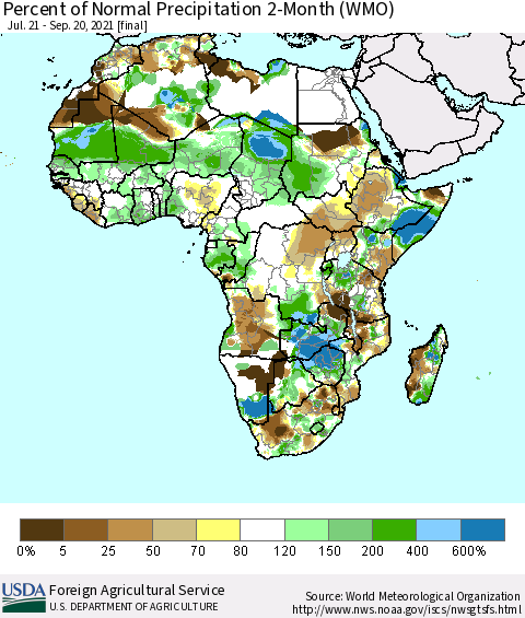 Africa Percent of Normal Precipitation 2-Month (WMO) Thematic Map For 7/21/2021 - 9/20/2021