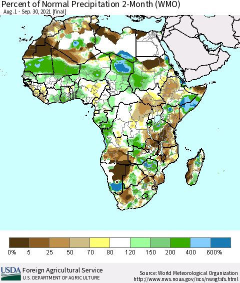 Africa Percent of Normal Precipitation 2-Month (WMO) Thematic Map For 8/1/2021 - 9/30/2021