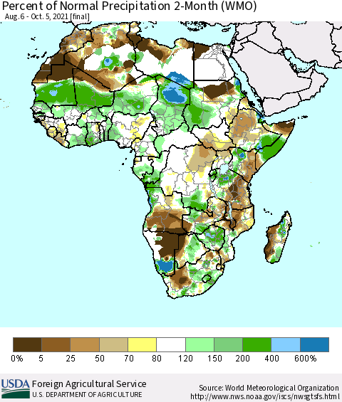 Africa Percent of Normal Precipitation 2-Month (WMO) Thematic Map For 8/6/2021 - 10/5/2021