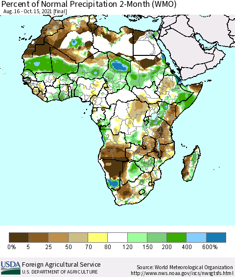 Africa Percent of Normal Precipitation 2-Month (WMO) Thematic Map For 8/16/2021 - 10/15/2021