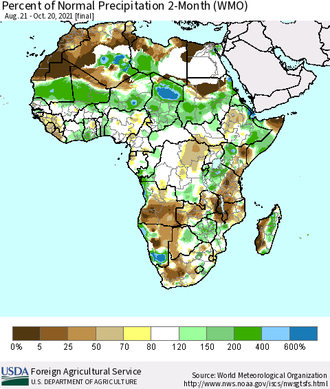 Africa Percent of Normal Precipitation 2-Month (WMO) Thematic Map For 8/21/2021 - 10/20/2021