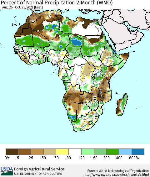 Africa Percent of Normal Precipitation 2-Month (WMO) Thematic Map For 8/26/2021 - 10/25/2021