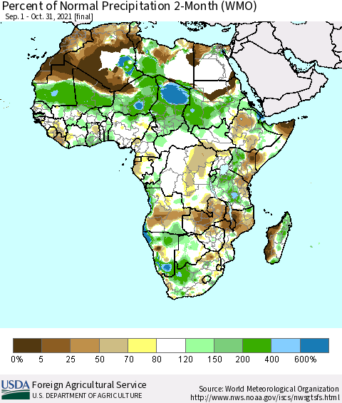 Africa Percent of Normal Precipitation 2-Month (WMO) Thematic Map For 9/1/2021 - 10/31/2021