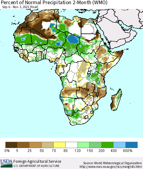 Africa Percent of Normal Precipitation 2-Month (WMO) Thematic Map For 9/6/2021 - 11/5/2021