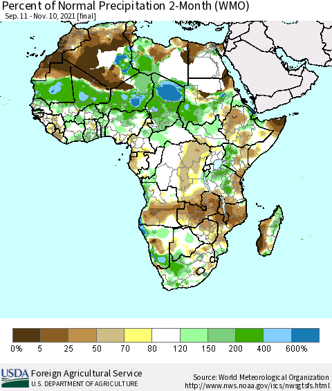 Africa Percent of Normal Precipitation 2-Month (WMO) Thematic Map For 9/11/2021 - 11/10/2021