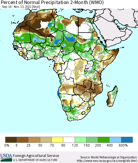 Africa Percent of Normal Precipitation 2-Month (WMO) Thematic Map For 9/16/2021 - 11/15/2021