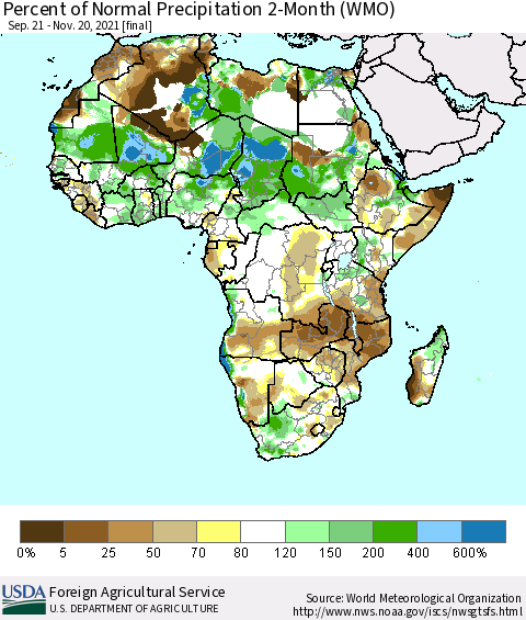 Africa Percent of Normal Precipitation 2-Month (WMO) Thematic Map For 9/21/2021 - 11/20/2021