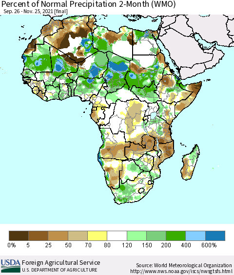 Africa Percent of Normal Precipitation 2-Month (WMO) Thematic Map For 9/26/2021 - 11/25/2021