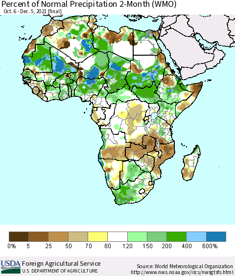 Africa Percent of Normal Precipitation 2-Month (WMO) Thematic Map For 10/6/2021 - 12/5/2021
