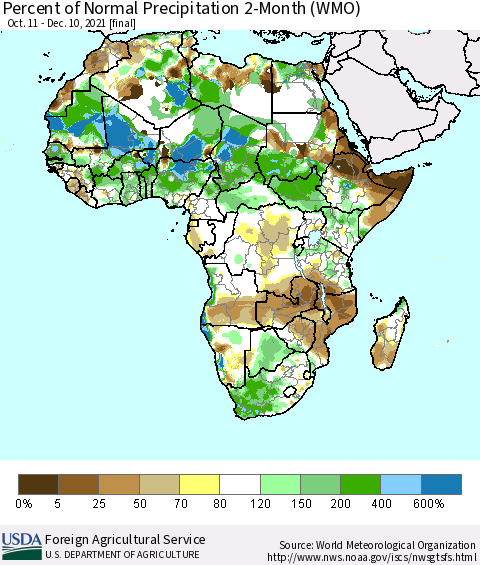 Africa Percent of Normal Precipitation 2-Month (WMO) Thematic Map For 10/11/2021 - 12/10/2021