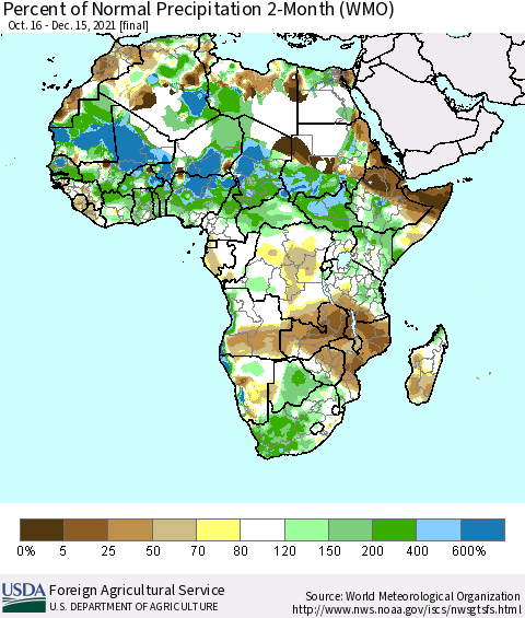 Africa Percent of Normal Precipitation 2-Month (WMO) Thematic Map For 10/16/2021 - 12/15/2021
