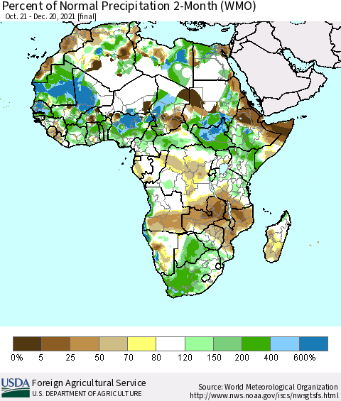 Africa Percent of Normal Precipitation 2-Month (WMO) Thematic Map For 10/21/2021 - 12/20/2021