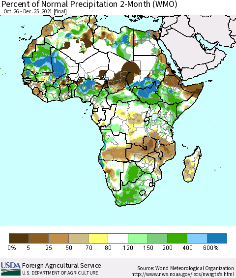 Africa Percent of Normal Precipitation 2-Month (WMO) Thematic Map For 10/26/2021 - 12/25/2021