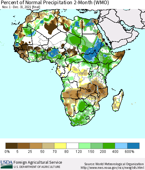 Africa Percent of Normal Precipitation 2-Month (WMO) Thematic Map For 11/1/2021 - 12/31/2021