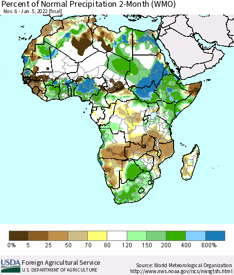 Africa Percent of Normal Precipitation 2-Month (WMO) Thematic Map For 11/6/2021 - 1/5/2022
