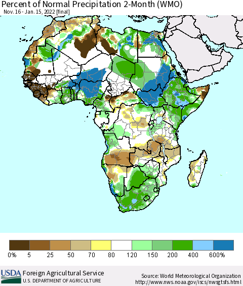 Africa Percent of Normal Precipitation 2-Month (WMO) Thematic Map For 11/16/2021 - 1/15/2022