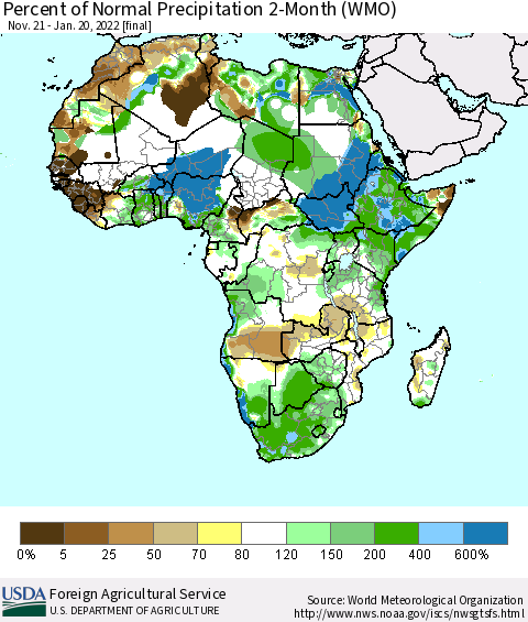 Africa Percent of Normal Precipitation 2-Month (WMO) Thematic Map For 11/21/2021 - 1/20/2022