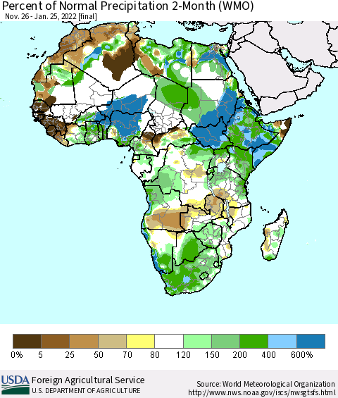 Africa Percent of Normal Precipitation 2-Month (WMO) Thematic Map For 11/26/2021 - 1/25/2022