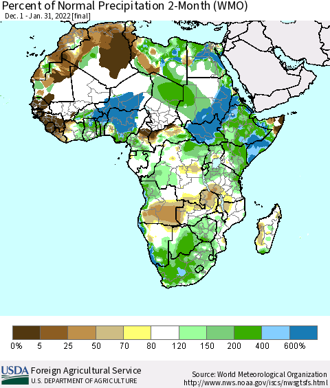 Africa Percent of Normal Precipitation 2-Month (WMO) Thematic Map For 12/1/2021 - 1/31/2022