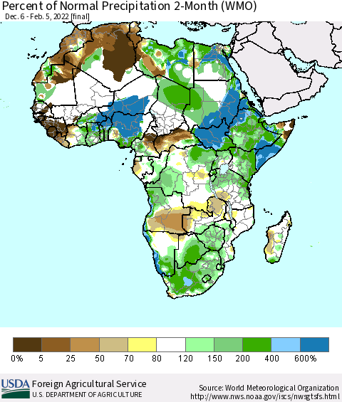 Africa Percent of Normal Precipitation 2-Month (WMO) Thematic Map For 12/6/2021 - 2/5/2022