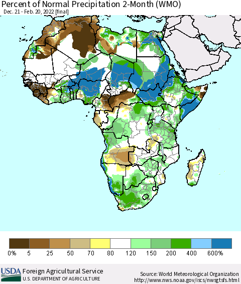 Africa Percent of Normal Precipitation 2-Month (WMO) Thematic Map For 12/21/2021 - 2/20/2022