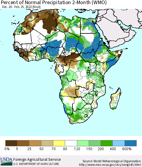 Africa Percent of Normal Precipitation 2-Month (WMO) Thematic Map For 12/26/2021 - 2/25/2022