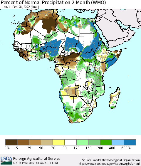 Africa Percent of Normal Precipitation 2-Month (WMO) Thematic Map For 1/1/2022 - 2/28/2022