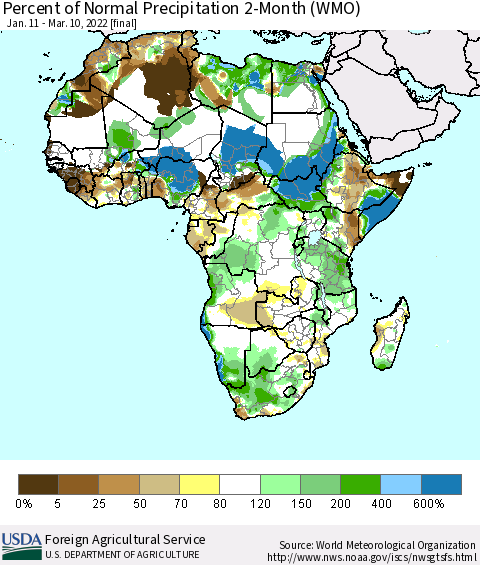 Africa Percent of Normal Precipitation 2-Month (WMO) Thematic Map For 1/11/2022 - 3/10/2022