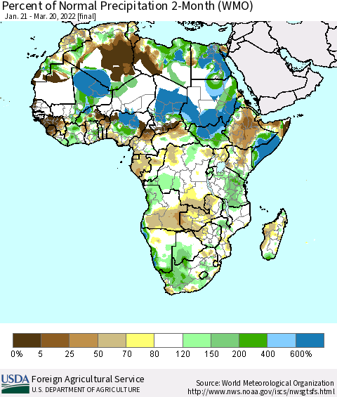 Africa Percent of Normal Precipitation 2-Month (WMO) Thematic Map For 1/21/2022 - 3/20/2022