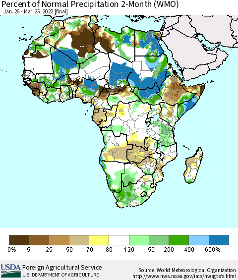 Africa Percent of Normal Precipitation 2-Month (WMO) Thematic Map For 1/26/2022 - 3/25/2022