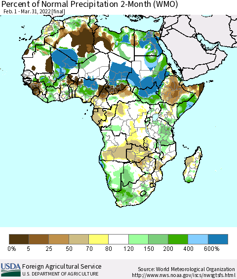 Africa Percent of Normal Precipitation 2-Month (WMO) Thematic Map For 2/1/2022 - 3/31/2022