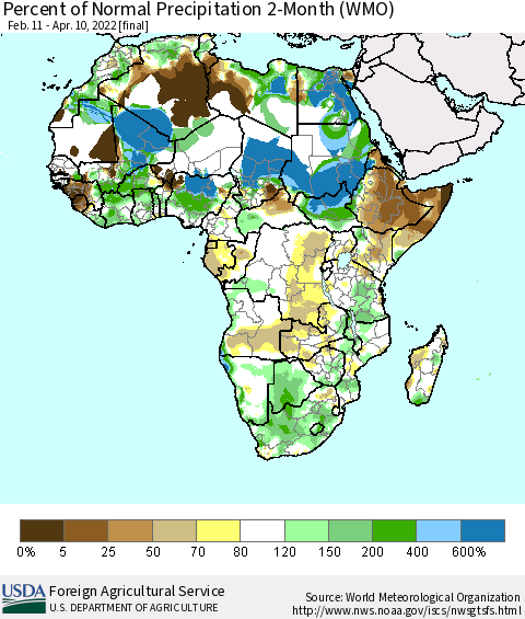 Africa Percent of Normal Precipitation 2-Month (WMO) Thematic Map For 2/11/2022 - 4/10/2022