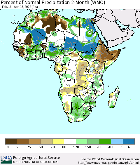 Africa Percent of Normal Precipitation 2-Month (WMO) Thematic Map For 2/16/2022 - 4/15/2022