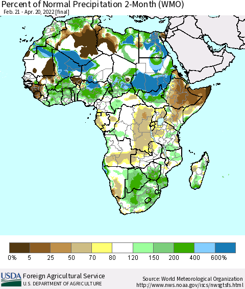 Africa Percent of Normal Precipitation 2-Month (WMO) Thematic Map For 2/21/2022 - 4/20/2022
