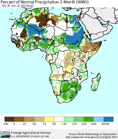 Africa Percent of Normal Precipitation 2-Month (WMO) Thematic Map For 2/26/2022 - 4/25/2022