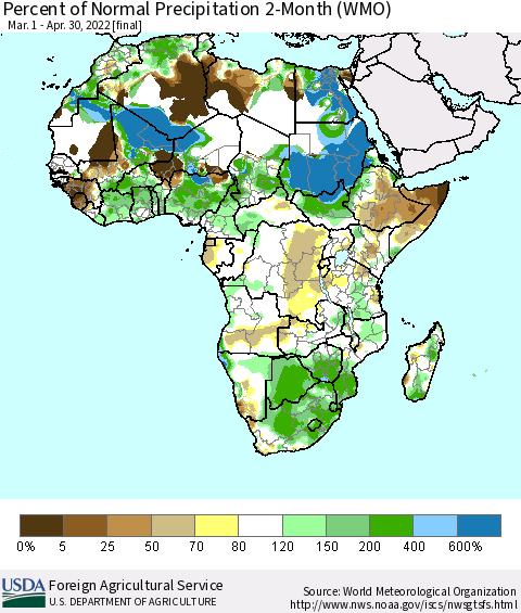 Africa Percent of Normal Precipitation 2-Month (WMO) Thematic Map For 3/1/2022 - 4/30/2022