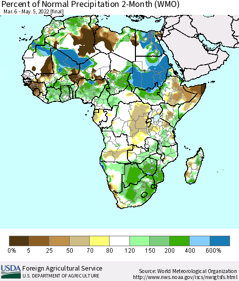 Africa Percent of Normal Precipitation 2-Month (WMO) Thematic Map For 3/6/2022 - 5/5/2022