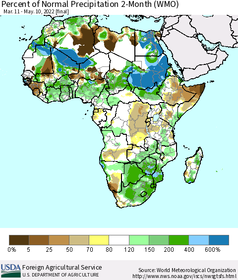Africa Percent of Normal Precipitation 2-Month (WMO) Thematic Map For 3/11/2022 - 5/10/2022