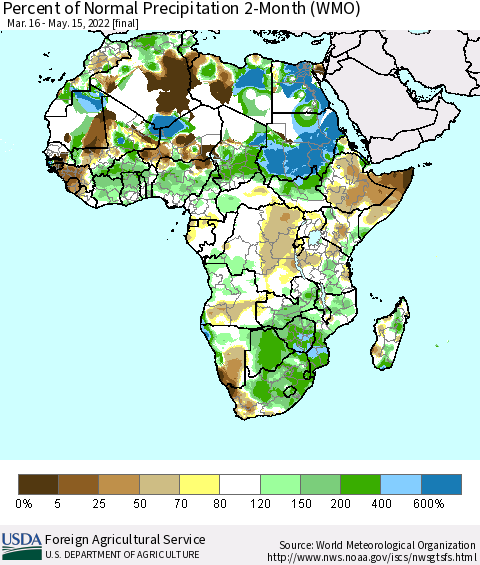 Africa Percent of Normal Precipitation 2-Month (WMO) Thematic Map For 3/16/2022 - 5/15/2022