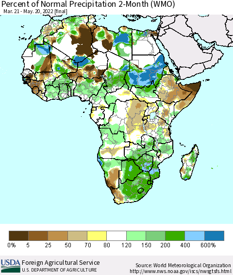 Africa Percent of Normal Precipitation 2-Month (WMO) Thematic Map For 3/21/2022 - 5/20/2022