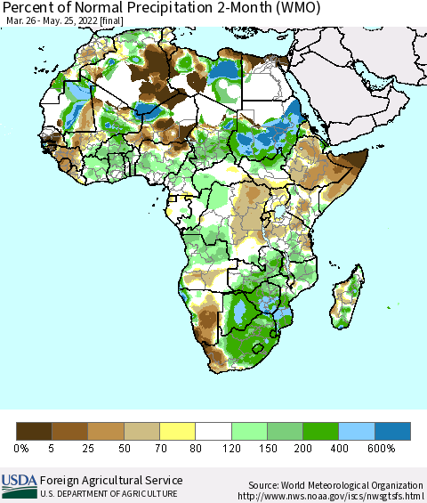 Africa Percent of Normal Precipitation 2-Month (WMO) Thematic Map For 3/26/2022 - 5/25/2022